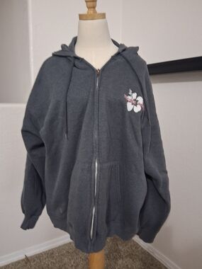 Vintage Trader Joe's Charcoal Gray Floral Accent Zip-Up Hoodie XL